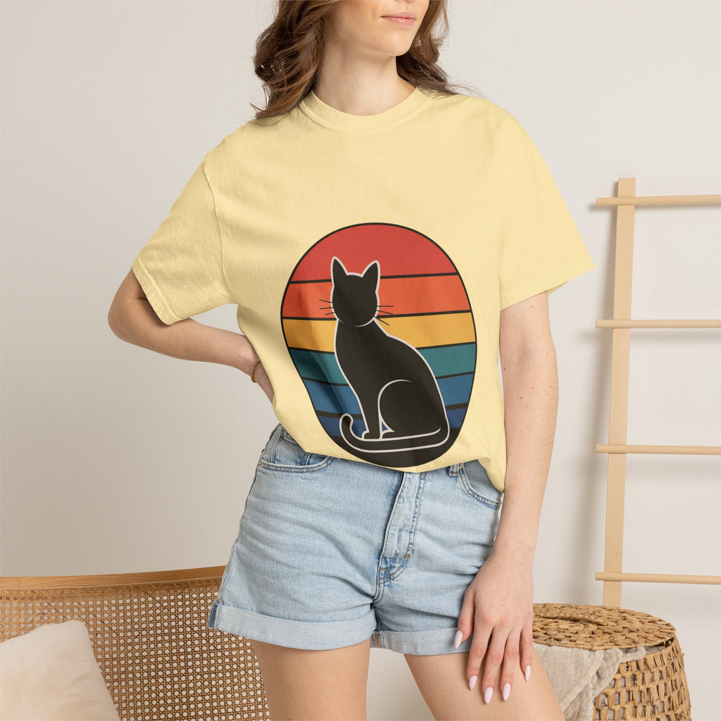 Retro Sunset Cat Badge T-Shirt