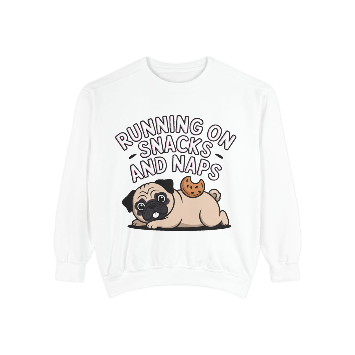 Pug Sweatshirt, Funny Running On Snacks And Naps Crewneck, Cute Pug Lover Gift, Embroidered Patch Style Dog Sweater