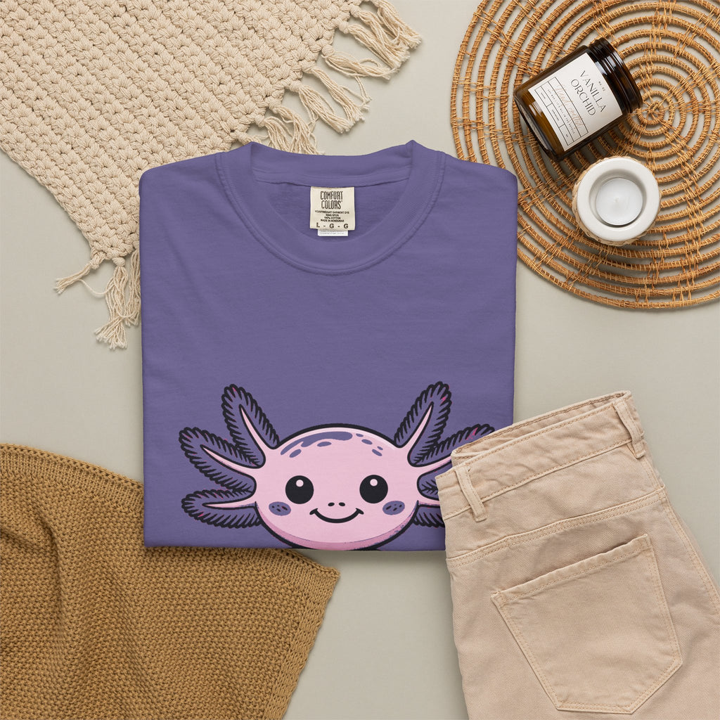 Cute Axolotl Shirt, Smiling Axolotl T-Shirt, Kawaii Axolotl Lover Gift, Garment Dyed Unisex Tee