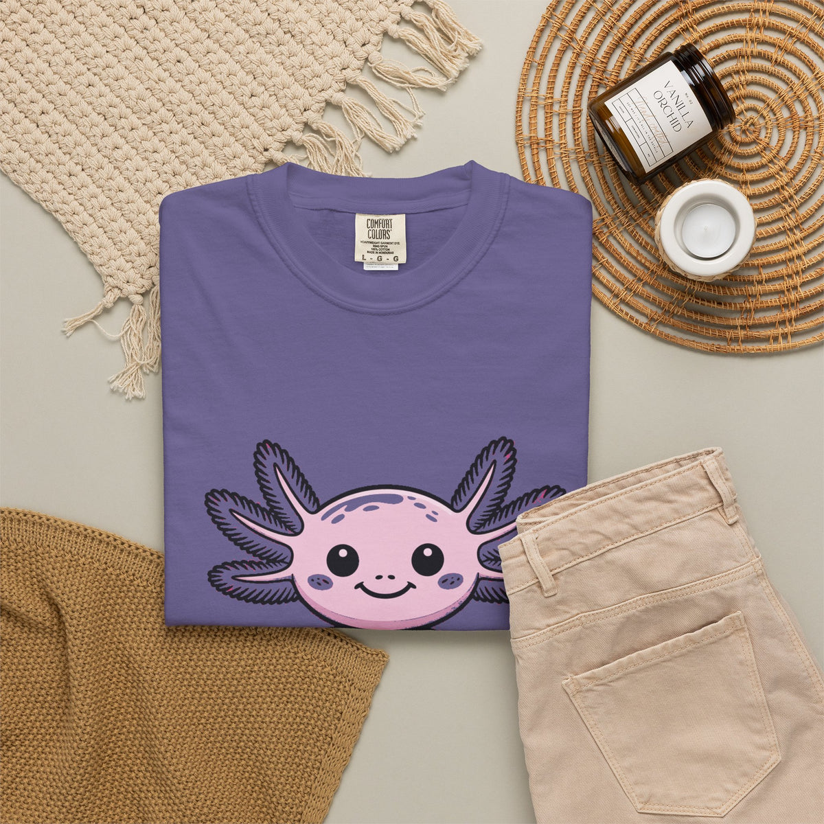 Cute Axolotl Shirt, Smiling Axolotl T-Shirt, Kawaii Axolotl Lover Gift, Garment Dyed Unisex Tee