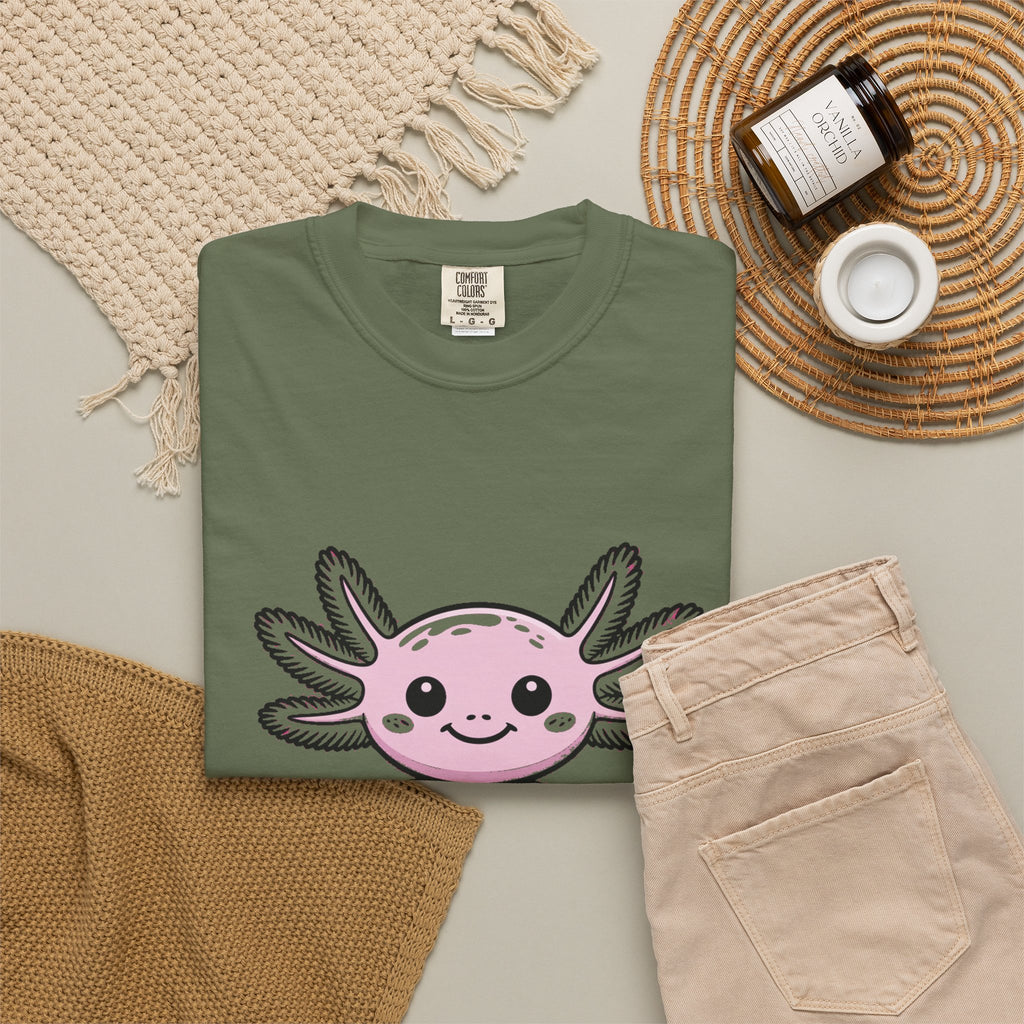 Cute Axolotl Shirt, Smiling Axolotl T-Shirt, Kawaii Axolotl Lover Gift, Garment Dyed Unisex Tee