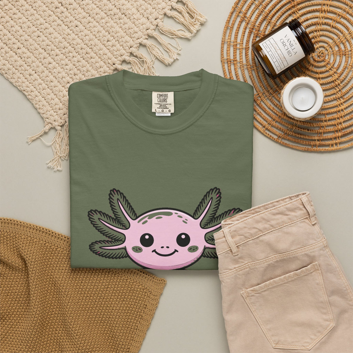 Cute Axolotl Shirt, Smiling Axolotl T-Shirt, Kawaii Axolotl Lover Gift, Garment Dyed Unisex Tee