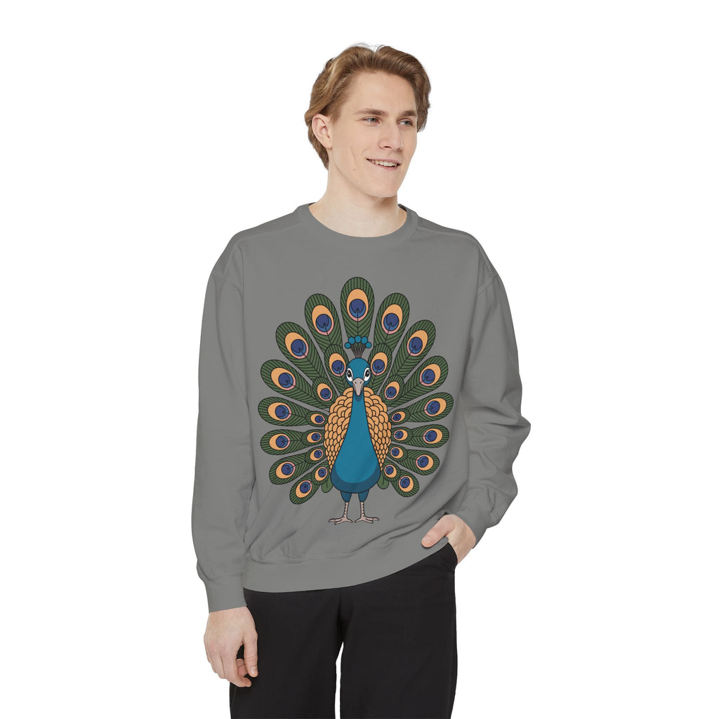 Peacock Sweatshirt, Cute Cartoon Peacock Crewneck, Embroidered Patch Style Feather Sweatshirt, Bird Lover Gift