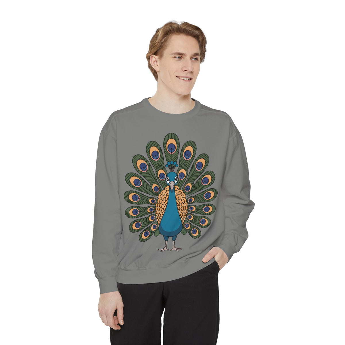 Peacock Sweatshirt, Cute Cartoon Peacock Crewneck, Embroidered Patch Style Feather Sweatshirt, Bird Lover Gift