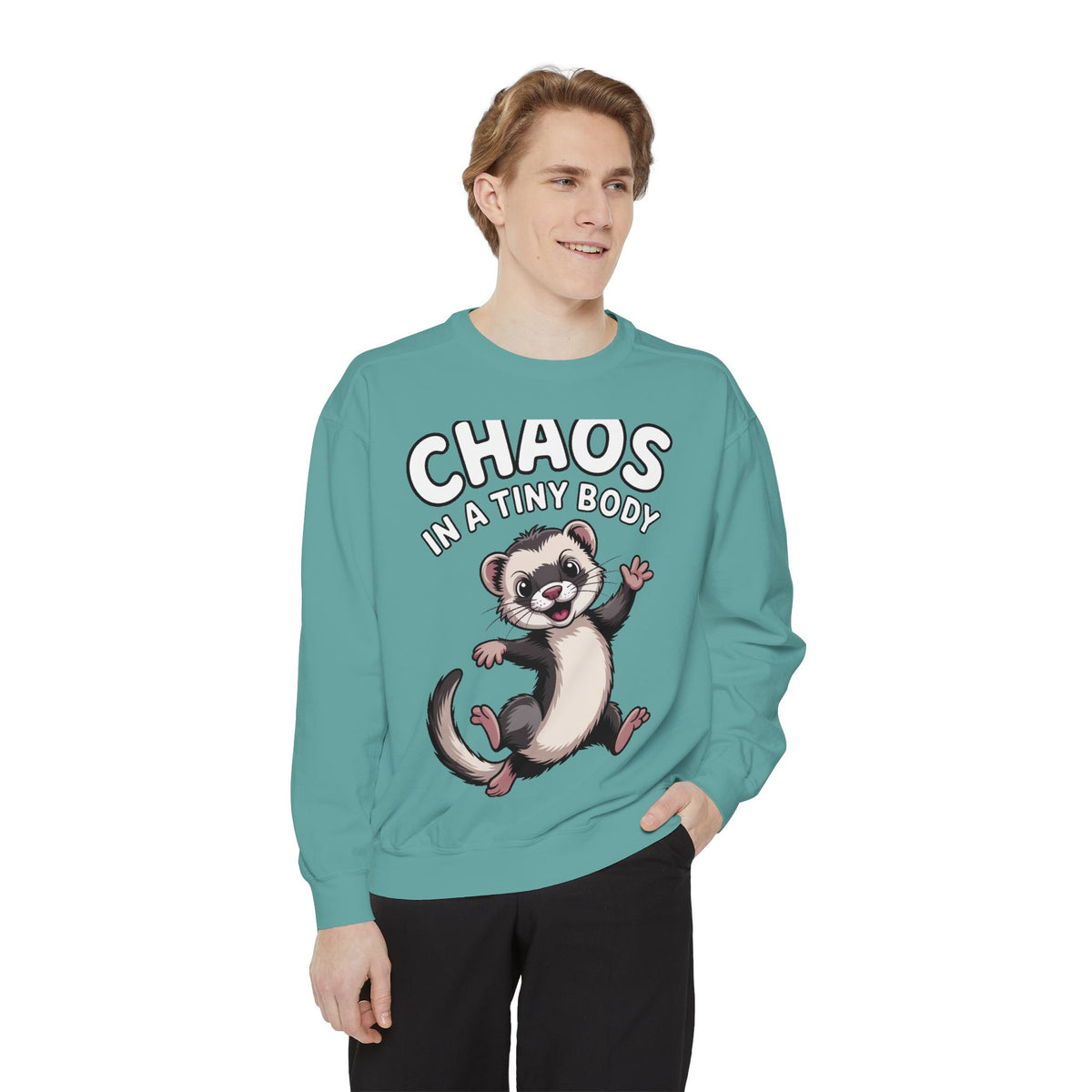 Funny Ferret Sweatshirt, Chaos In A Tiny Body Crewneck, Cute Ferret Lover Gift, Embroidered Style Ferret Sweatshirt For Pet Owners