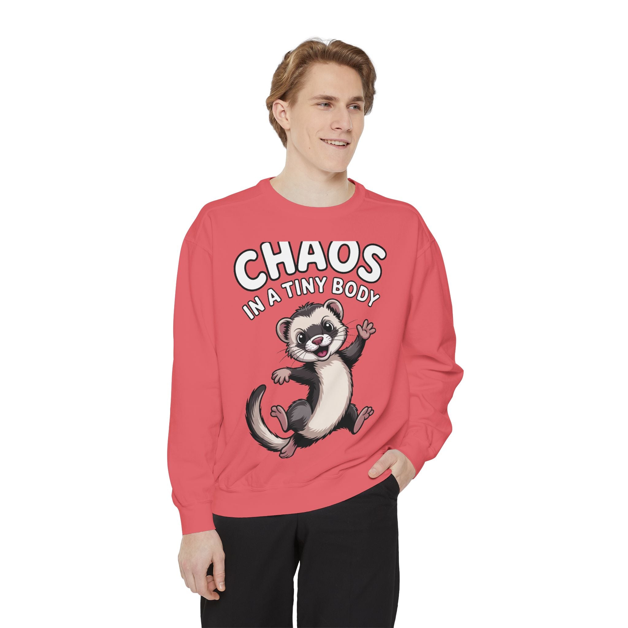 Funny Ferret Sweatshirt, Chaos In A Tiny Body Crewneck, Cute Ferret Lover Gift, Embroidered Style Ferret Sweatshirt For Pet Owners