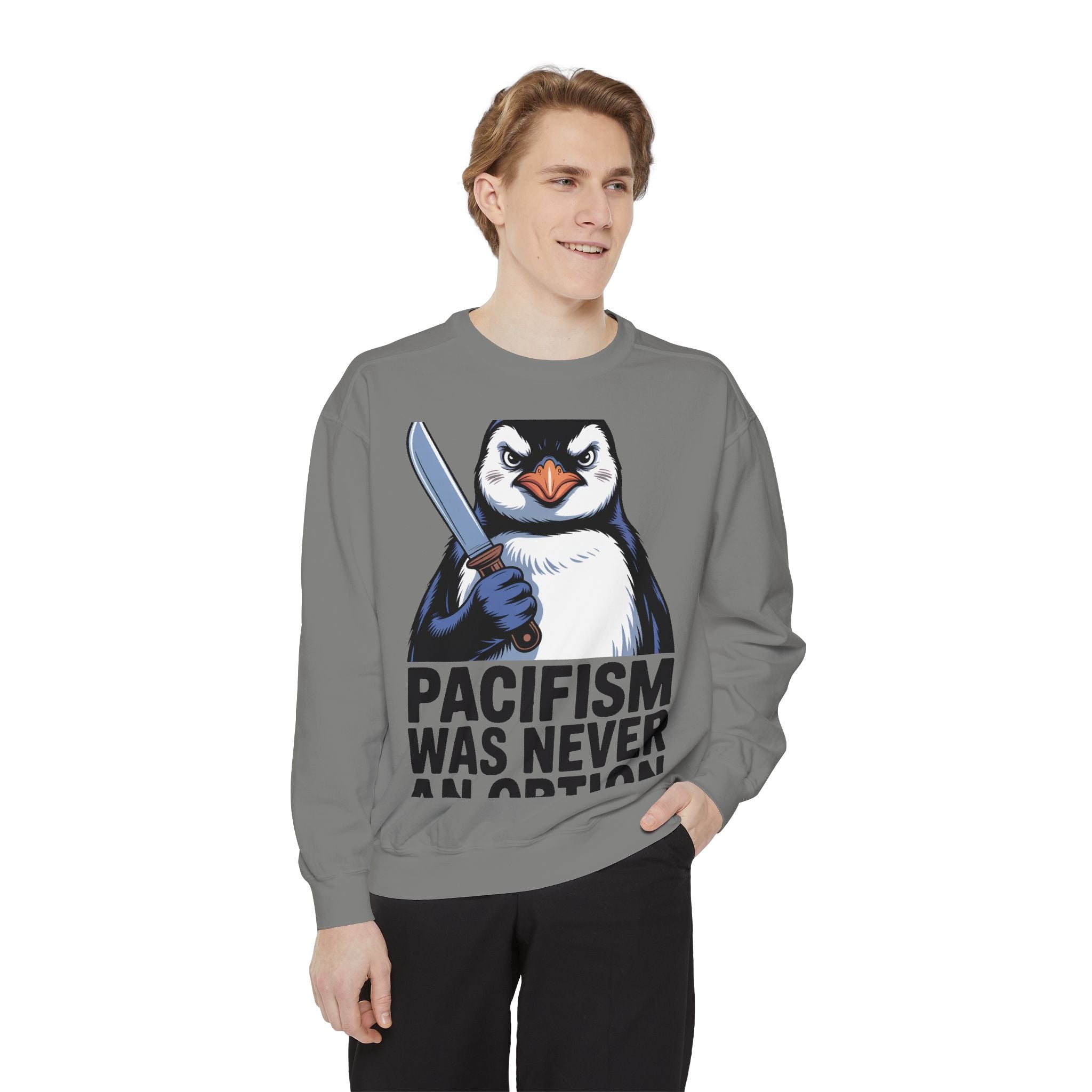 Pacifism Was Never An Option Penguin Sweatshirt, Funny Butter Knife Penguin Crewneck, Vintage Poster Style Graphic Sweatshirt Gift