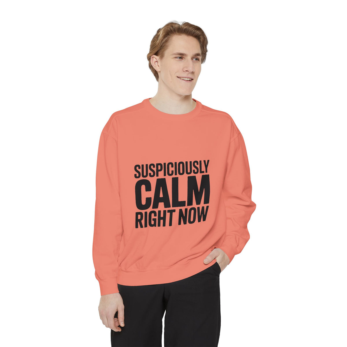 Suspiciously Calm Right Now Sweatshirt, Funny Sarcastic Crewneck, Bold Text Embroidered Patch Style Pullover, Sarcasm Gift