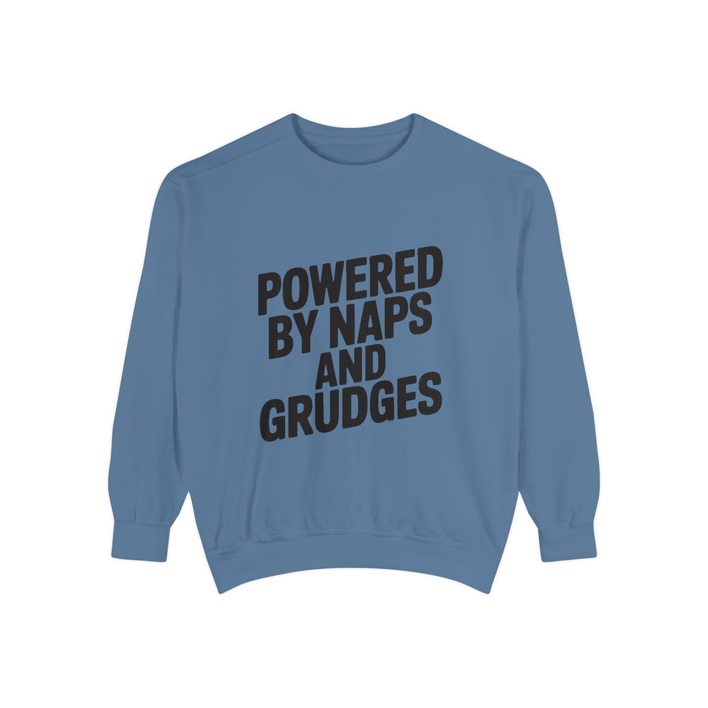 Powered By Naps And Grudges Sweatshirt, Funny Sarcastic Crewneck, Embroidered-Look Graphic Sweatshirt, Sarcasm Lover Gift