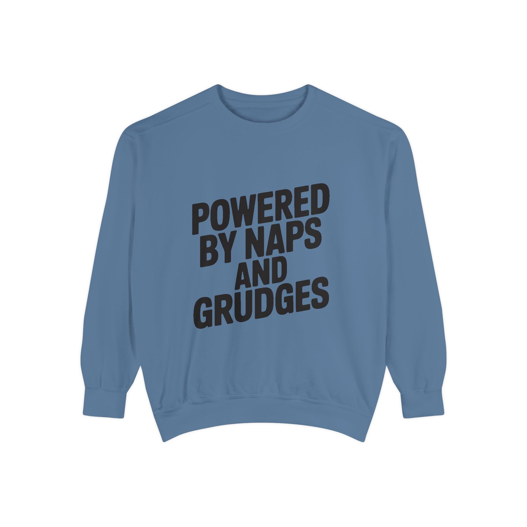 Powered By Naps And Grudges Sweatshirt, Funny Sarcastic Crewneck, Embroidered-Look Graphic Sweatshirt, Sarcasm Lover Gift