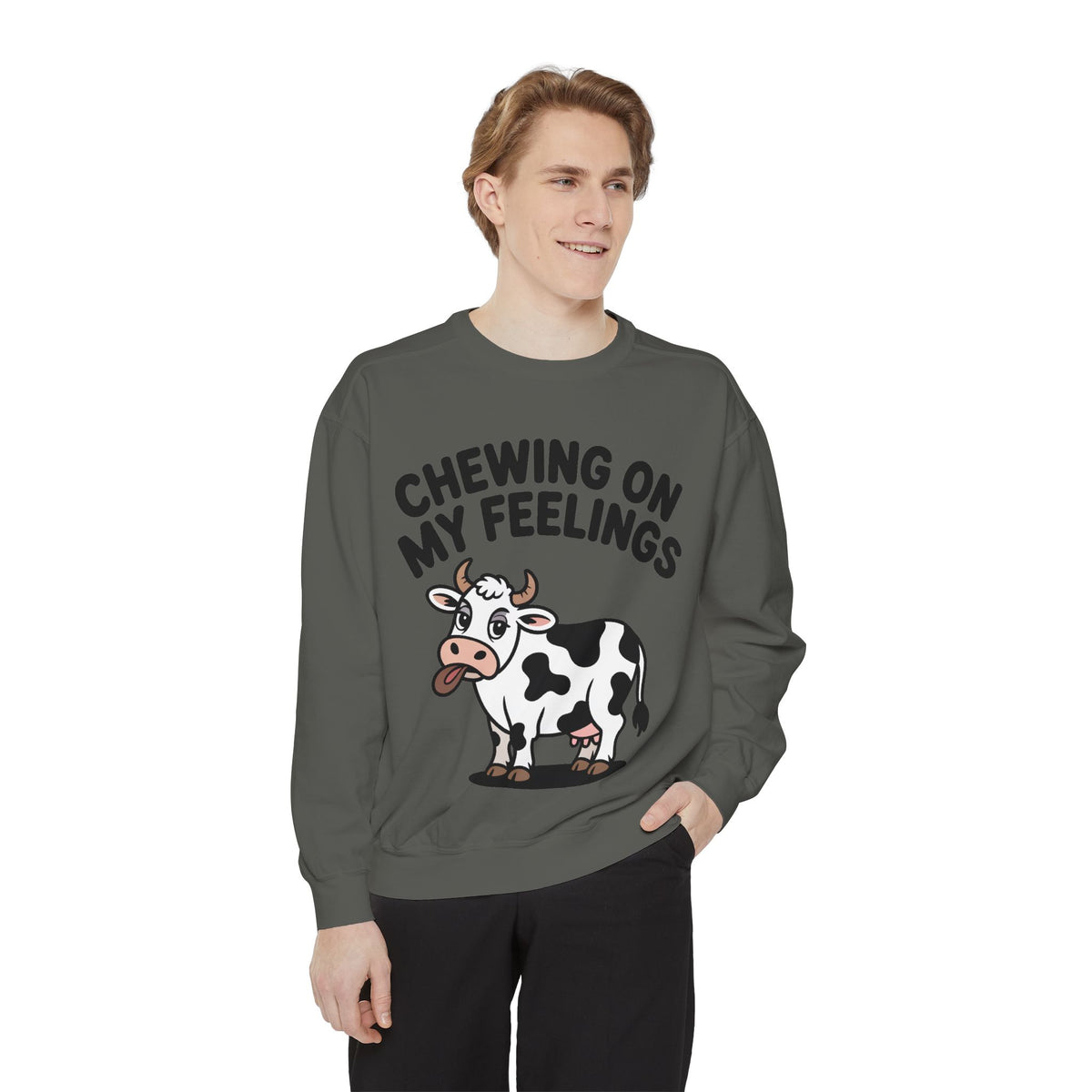 Chewing On My Feelings Sweatshirt, Funny Cow Crewneck, Cute Cow Lover Gift, Embroidered Style Cow Sweatshirt, Funny Farm Animal Shirt