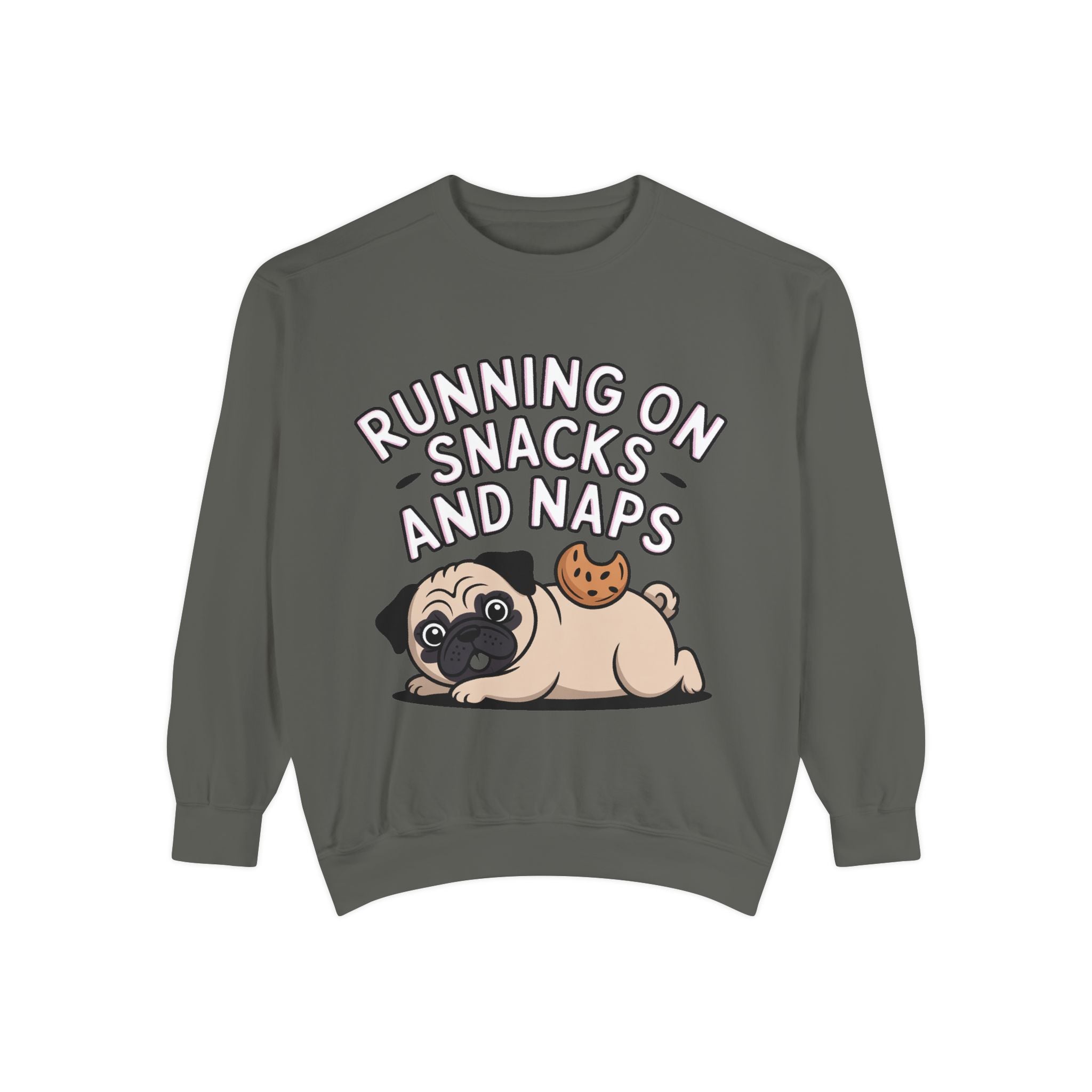 Pug Sweatshirt, Funny Running On Snacks And Naps Crewneck, Cute Pug Lover Gift, Embroidered Patch Style Dog Sweater