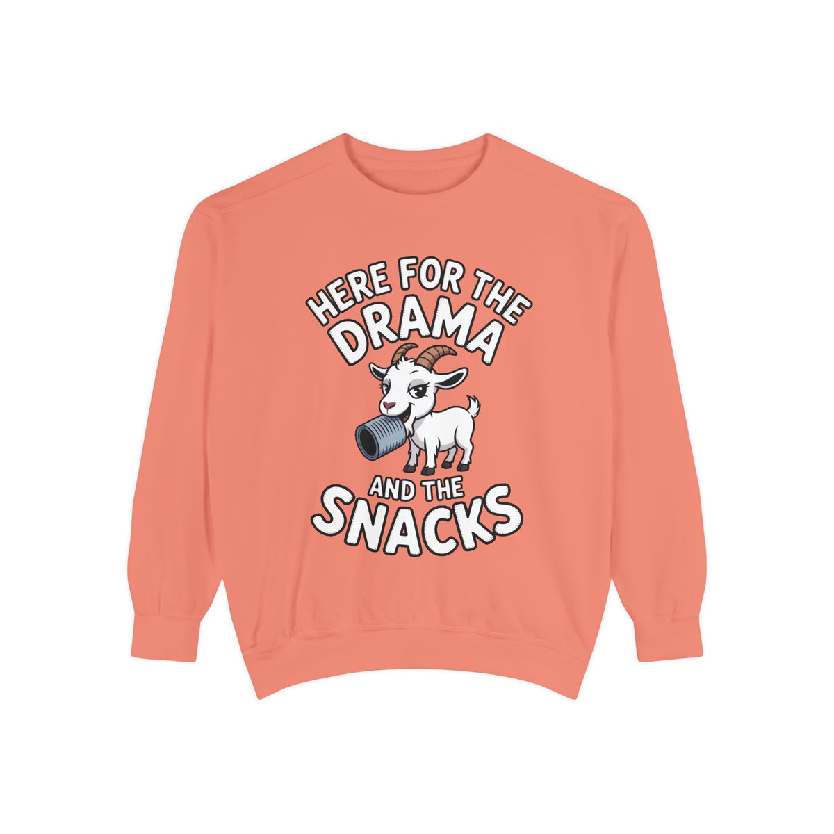 Funny Goat Sweatshirt, Here For The Drama And The Snacks Crewneck, Cute Goat Lover Gift, Embroidered Patch Style Sweatshirt