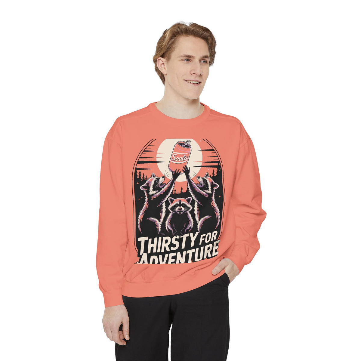 Thirsty For Adventure Raccoons Sweatshirt, Funny Vintage Poster Crewneck, Retro Raccoon Graphic Sweatshirt Gift