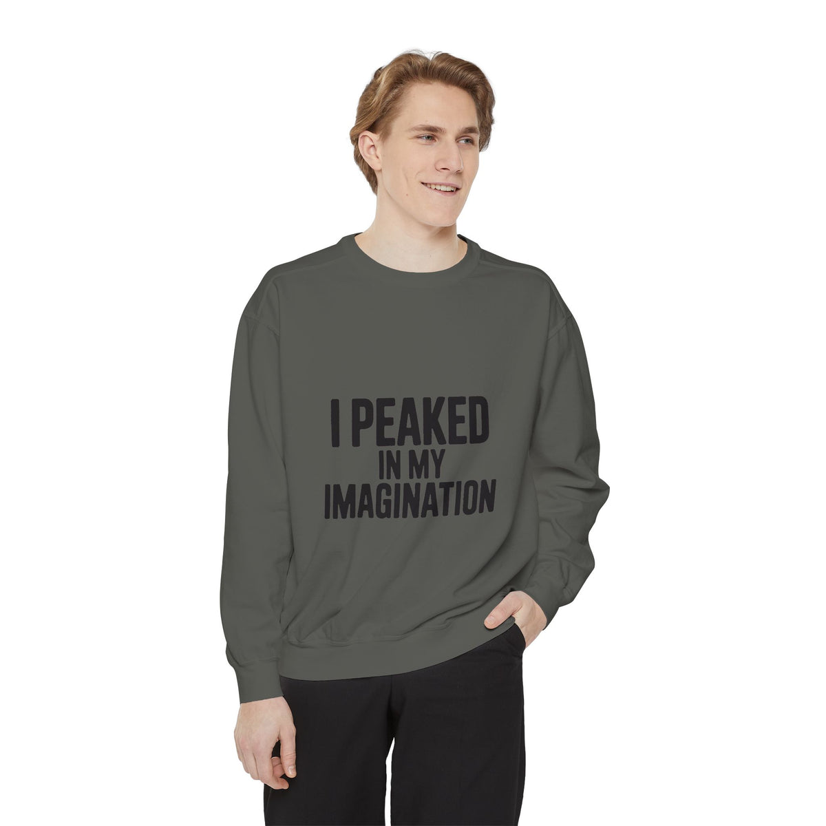 I Peaked In My Imagination Sweatshirt, Funny Sarcastic Crewneck, Bold Typography Embroidered Sweatshirt, Daydreamer Gift