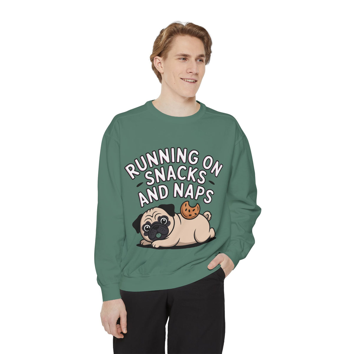 Pug Sweatshirt, Funny Running On Snacks And Naps Crewneck, Cute Pug Lover Gift, Embroidered Patch Style Dog Sweater