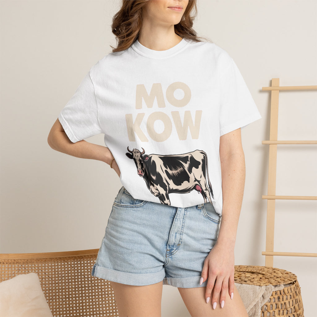 Mo Kow Funny Cow Shirt, Absurd Meme T-Shirt, Deadpan Farm Animal Tee, Weird Cow Lover Gift, Funny Misspelled Label Shirt