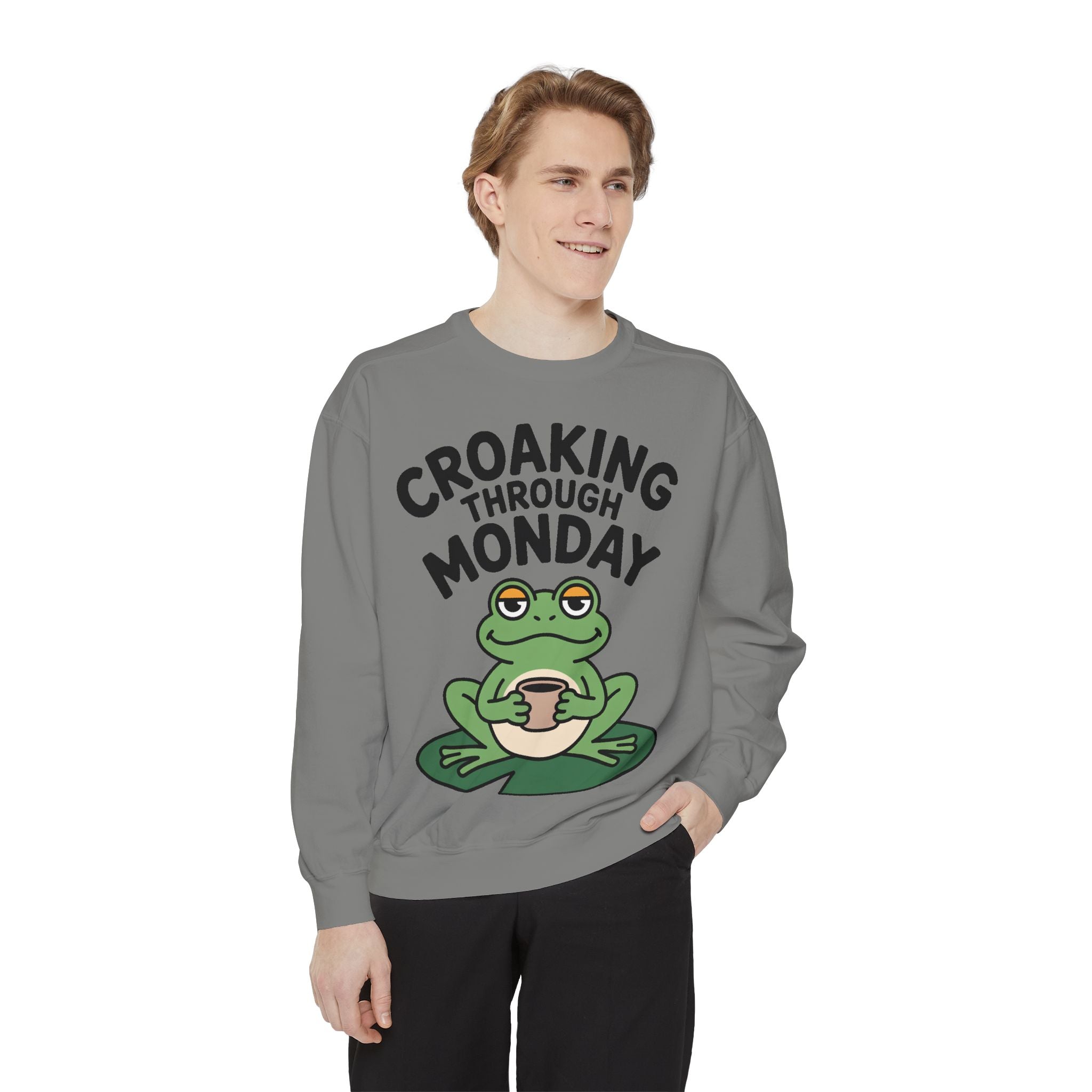 Croaking Through Monday Sweatshirt, Funny Tired Frog Crewneck, Cute Coffee Frog Sweatshirt, Frog Lover Gift