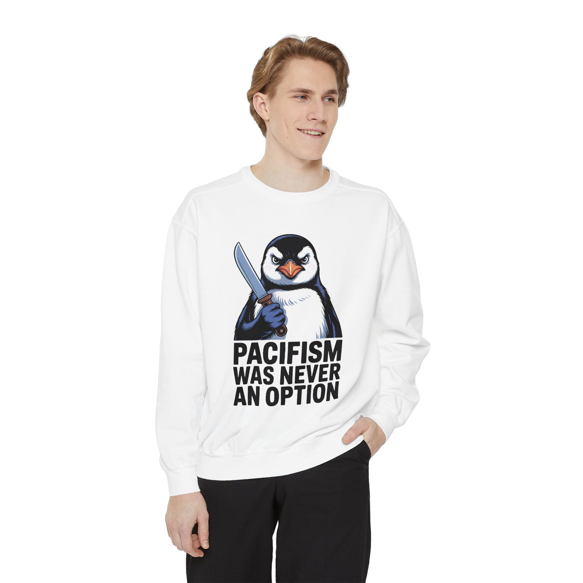 Pacifism Was Never An Option Penguin Sweatshirt, Funny Butter Knife Penguin Crewneck, Vintage Poster Style Graphic Sweatshirt Gift