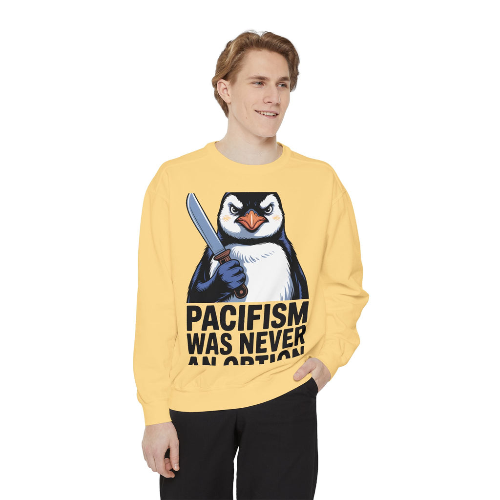 Pacifism Was Never An Option Penguin Sweatshirt, Funny Butter Knife Penguin Crewneck, Vintage Poster Style Graphic Sweatshirt Gift
