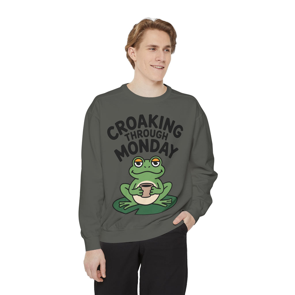 Croaking Through Monday Sweatshirt, Funny Tired Frog Crewneck, Cute Coffee Frog Sweatshirt, Frog Lover Gift