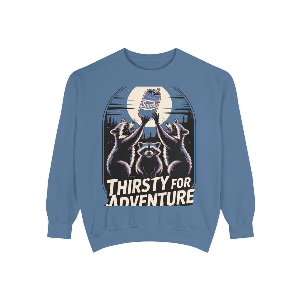 Thirsty For Adventure Raccoons Sweatshirt, Funny Vintage Poster Crewneck, Retro Raccoon Graphic Sweatshirt Gift