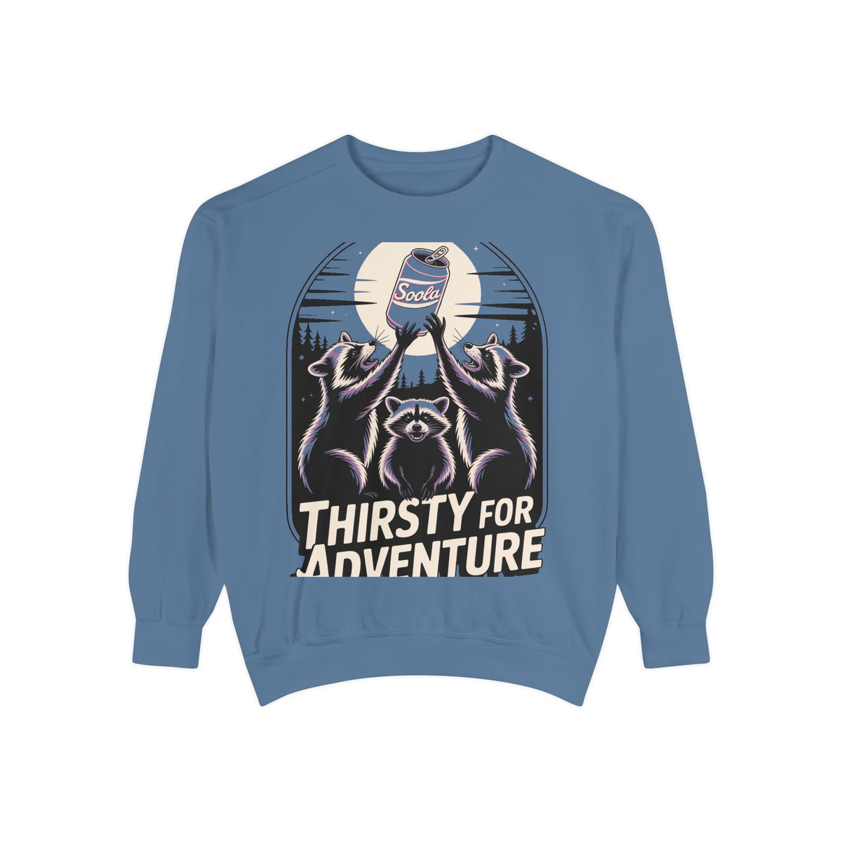 Thirsty For Adventure Raccoons Sweatshirt, Funny Vintage Poster Crewneck, Retro Raccoon Graphic Sweatshirt Gift