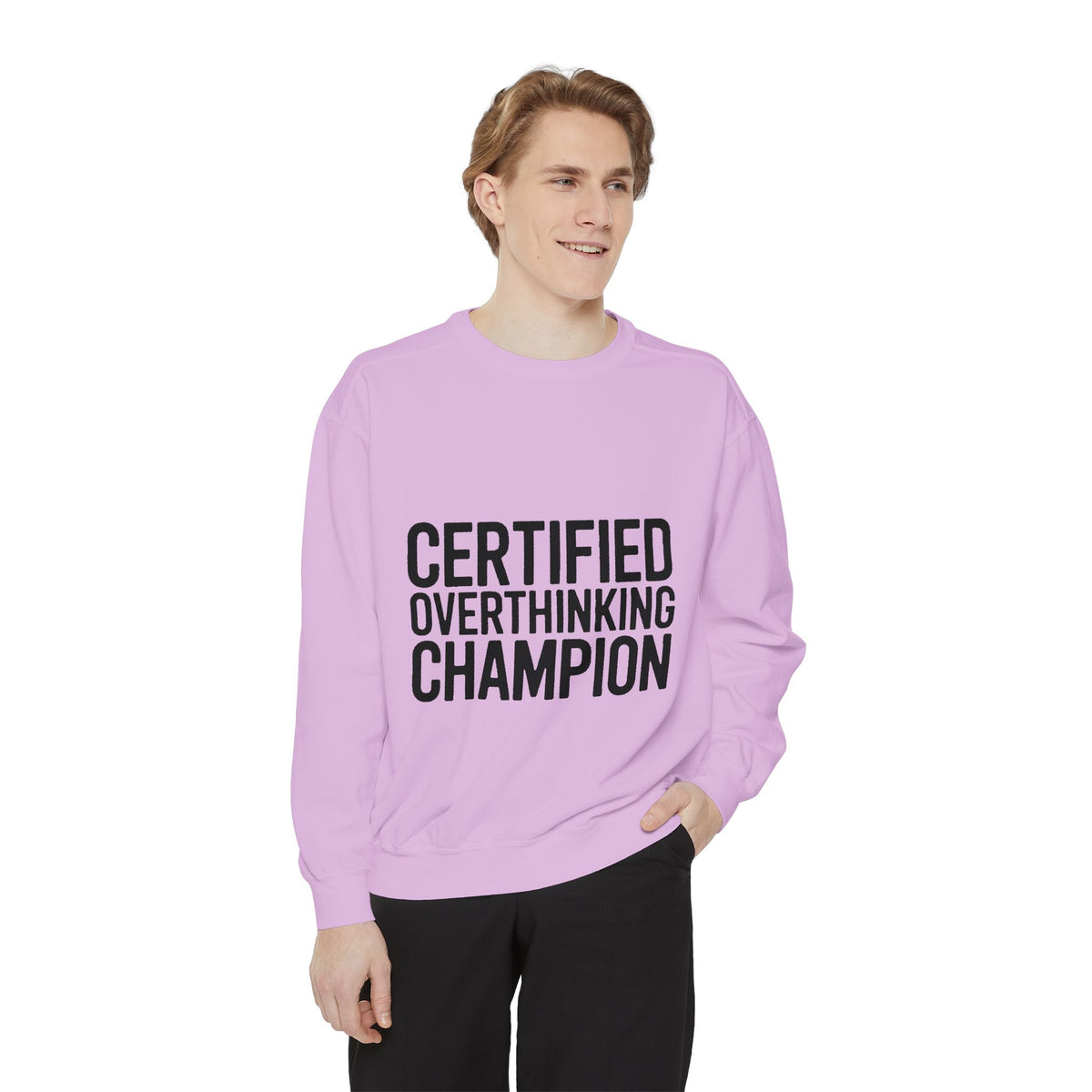 Certified Overthinking Champion Sweatshirt, Funny Embroidered Crewneck, Anxiety Humor Gift, Sarcastic Quote Pullover for Overthinkers
