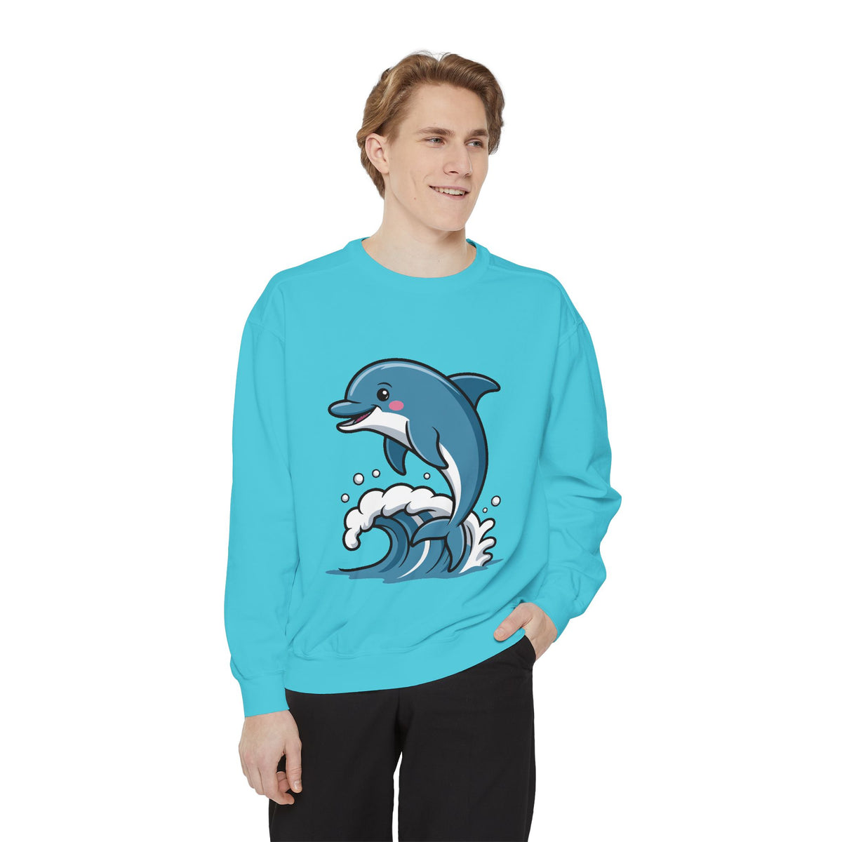 Cute Dolphin Sweatshirt, Embroidered Wave Crewneck, Ocean Lover Gift, Garment Dyed Beach Sweatshirt for Women Men
