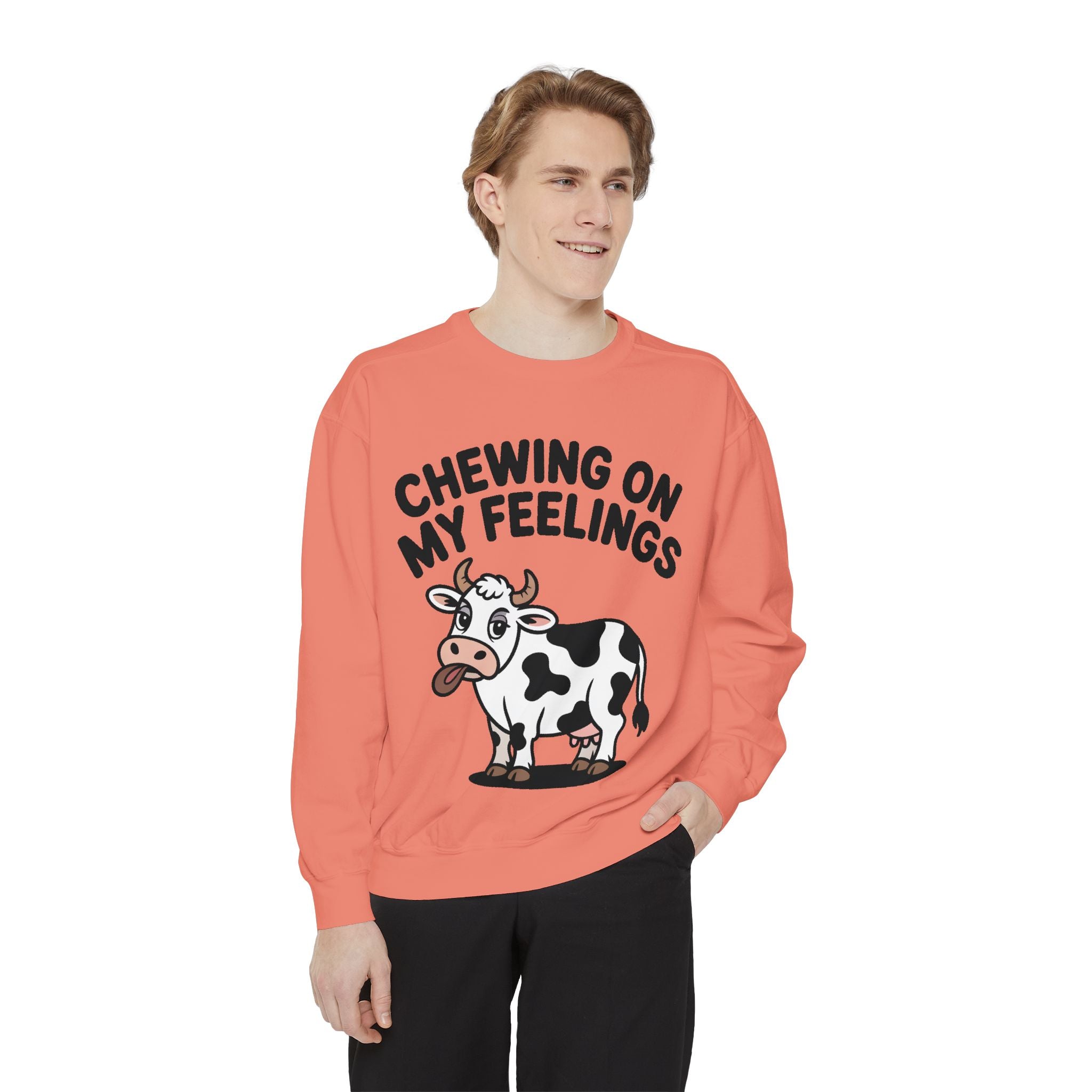 Chewing On My Feelings Sweatshirt, Funny Cow Crewneck, Cute Cow Lover Gift, Embroidered Style Cow Sweatshirt, Funny Farm Animal Shirt