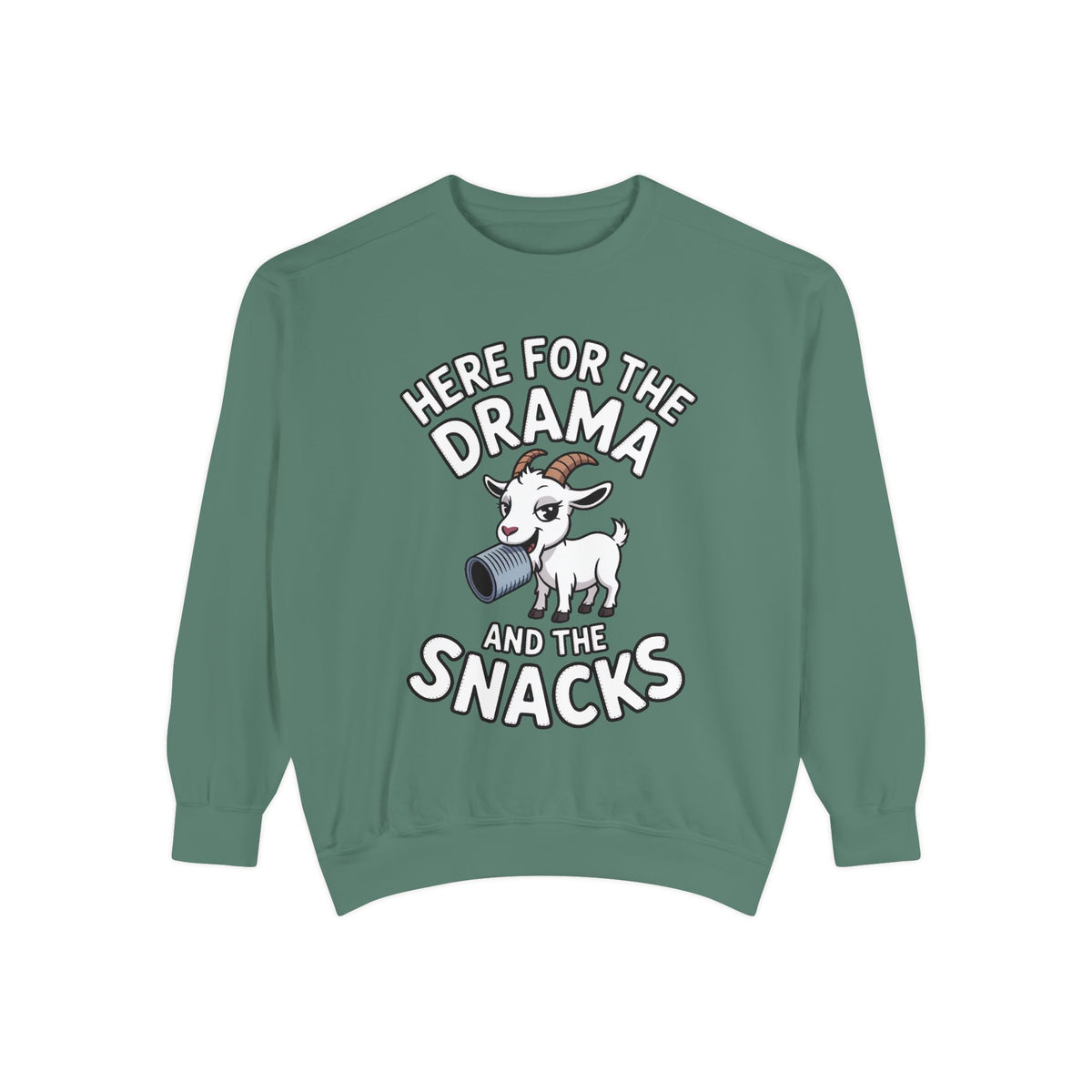 Funny Goat Sweatshirt, Here For The Drama And The Snacks Crewneck, Cute Goat Lover Gift, Embroidered Patch Style Sweatshirt