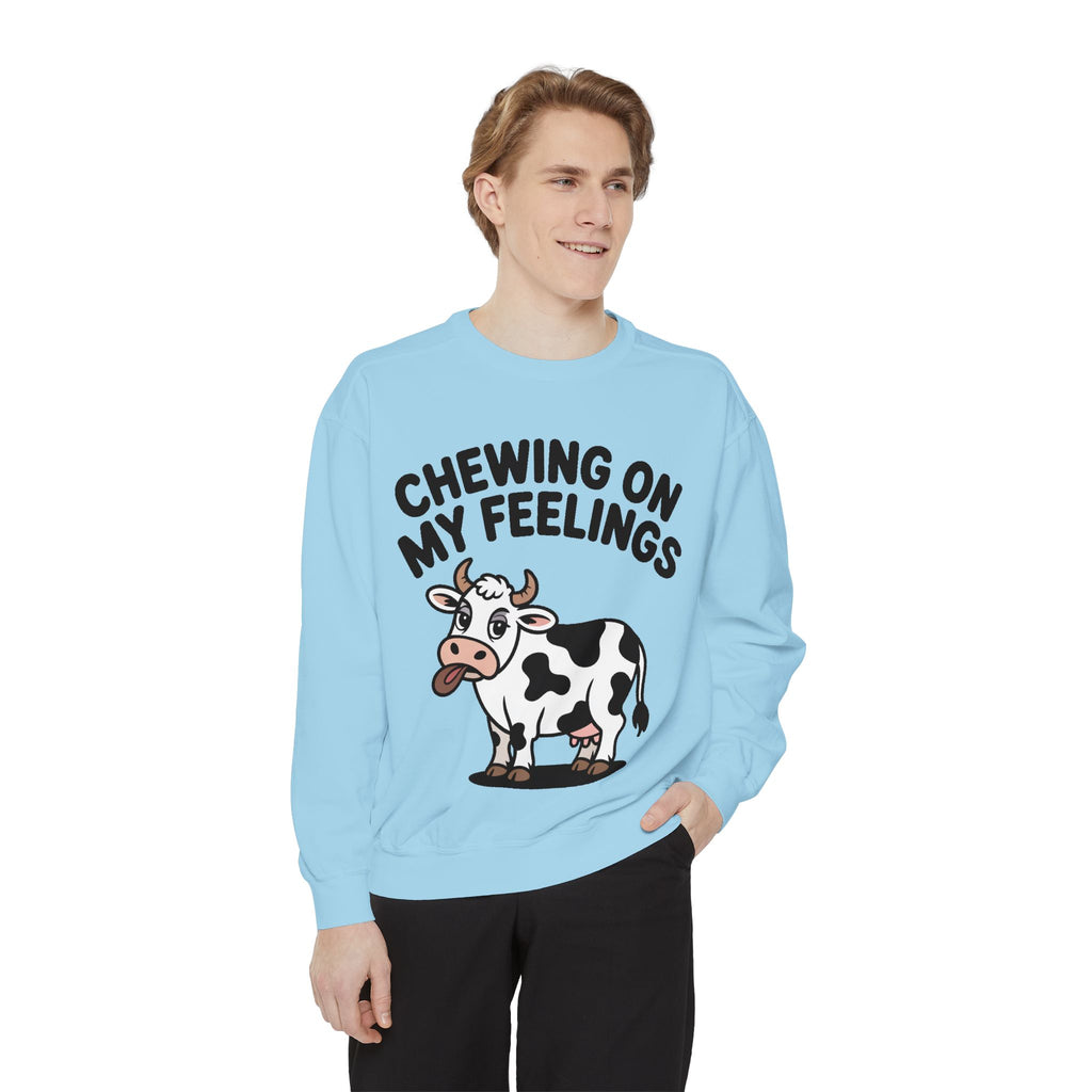Chewing On My Feelings Sweatshirt, Funny Cow Crewneck, Cute Cow Lover Gift, Embroidered Style Cow Sweatshirt, Funny Farm Animal Shirt