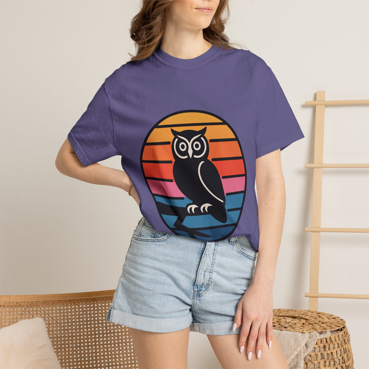Retro Sunset Owl Badge T-Shirt