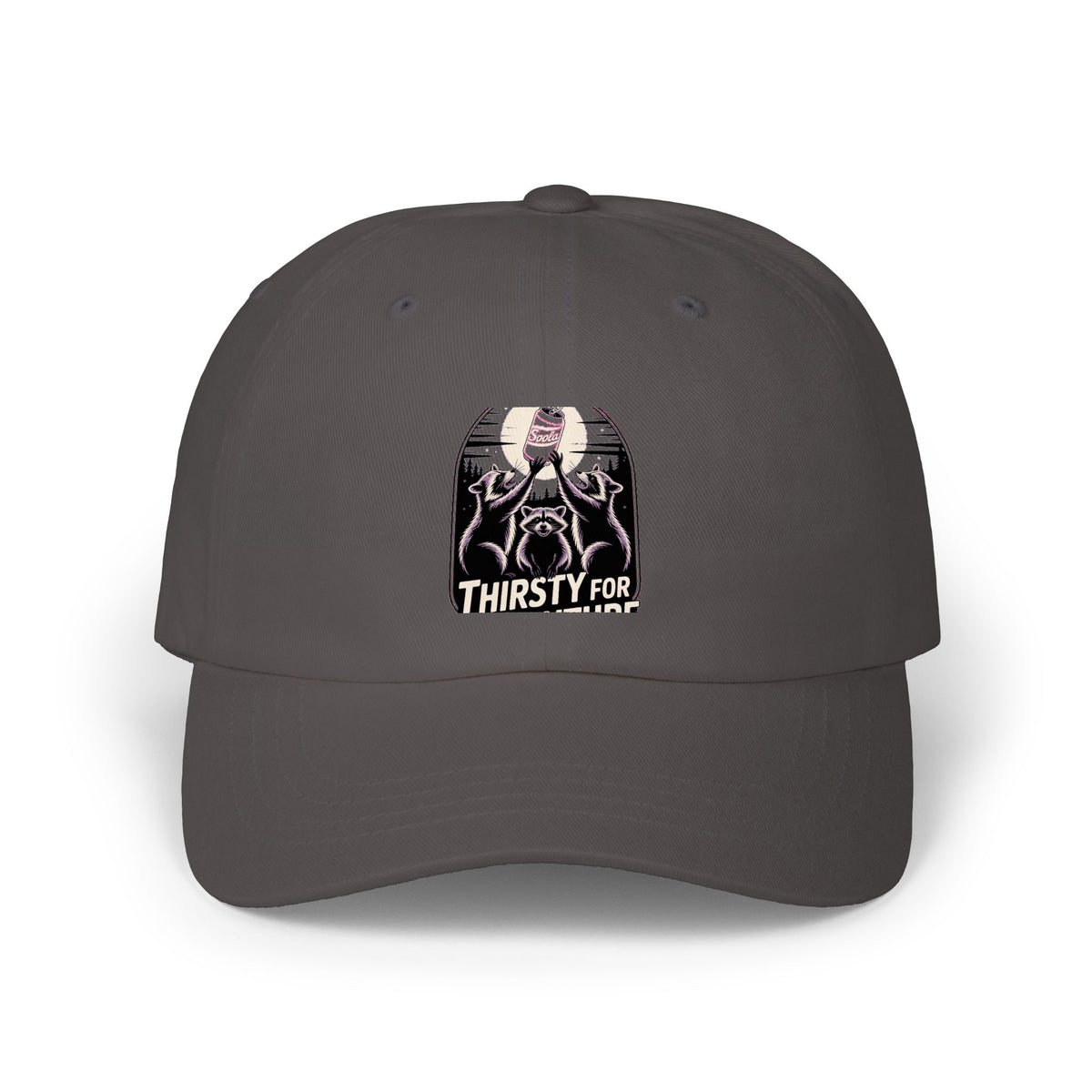 Thirsty For Adventure Raccoons Dad Cap, Funny Raccoon Hat, Vintage Poster Style Embroidered Cap, Camping Hiking Gift