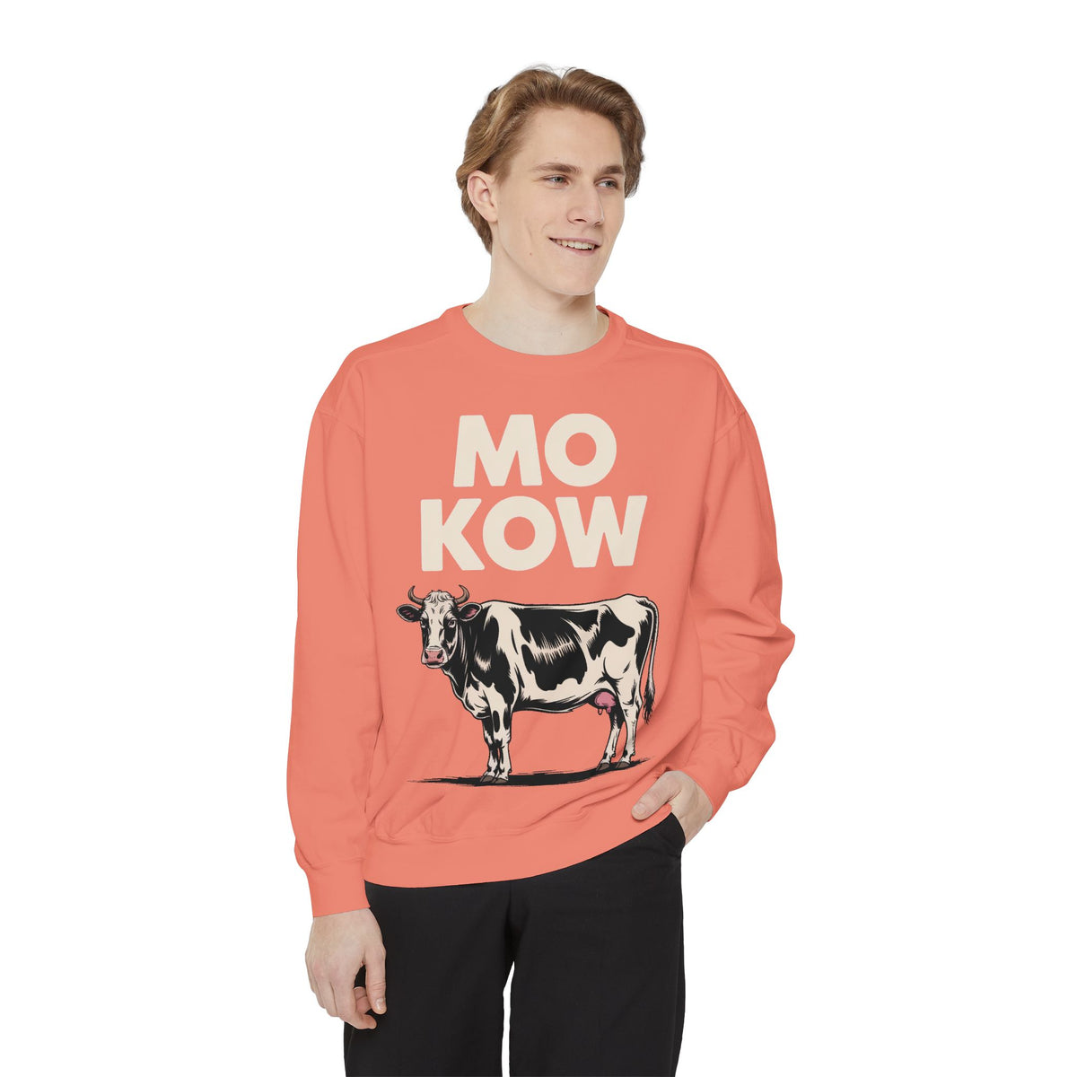 Mo Kow Funny Cow Sweatshirt, Absurd Meme Crewneck, Deadpan Farm Animal Embroidered Sweatshirt, Funny Cow Lover Gift
