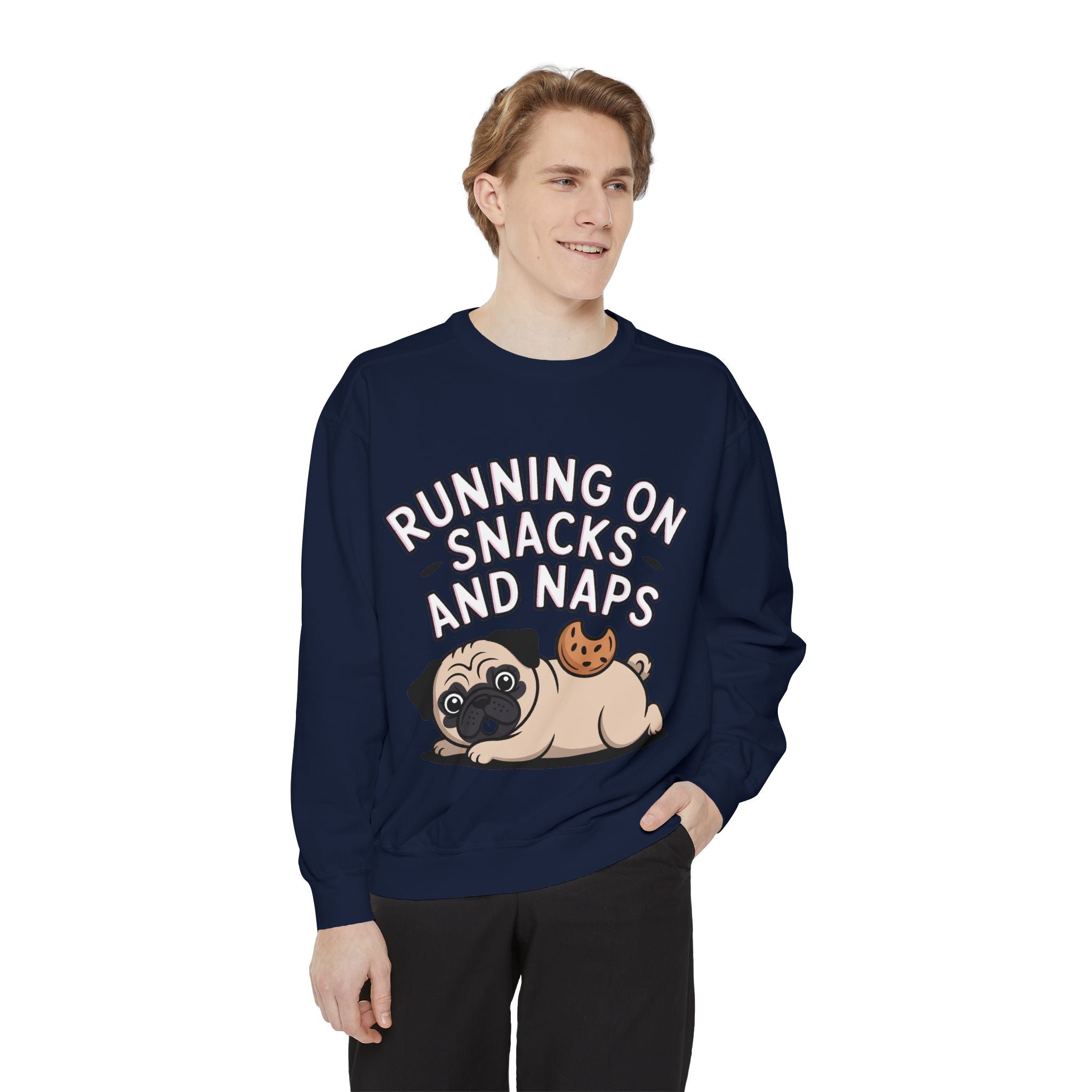 Pug Sweatshirt, Funny Running On Snacks And Naps Crewneck, Cute Pug Lover Gift, Embroidered Patch Style Dog Sweater