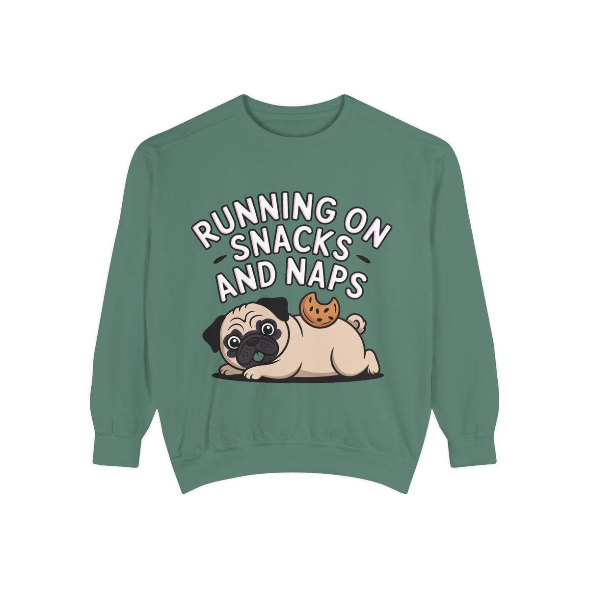 Pug Sweatshirt, Funny Running On Snacks And Naps Crewneck, Cute Pug Lover Gift, Embroidered Patch Style Dog Sweater