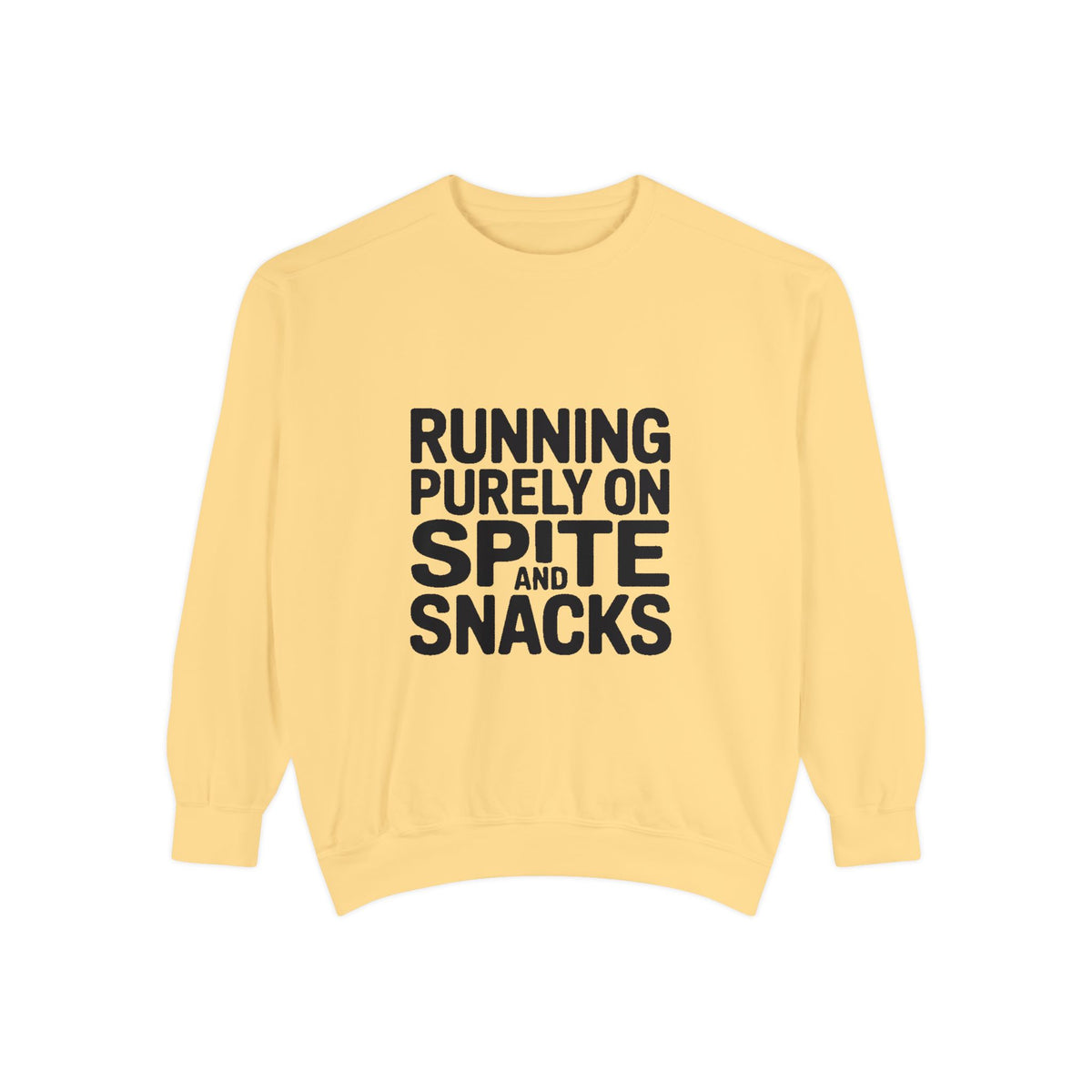 Running On Spite And Snacks Sweatshirt, Funny Sarcastic Crewneck, Embroidered-Look Bold Text Sweatshirt, Sarcastic Gift for Friend