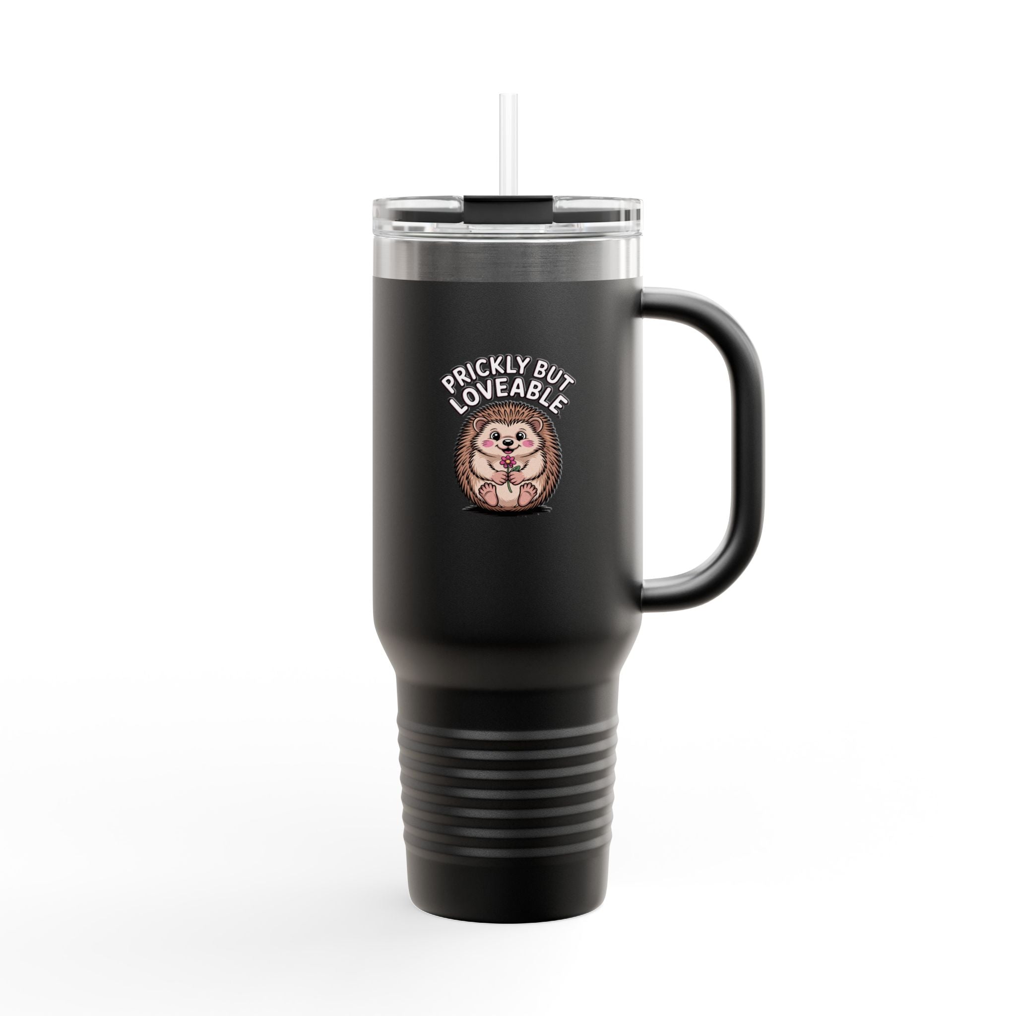Prickly But Loveable Hedgehog Travel Mug 40oz, Cute Hedgehog Tumbler with Handle and Straw, Funny Animal Lover Gift, Cozy Coffee Cup