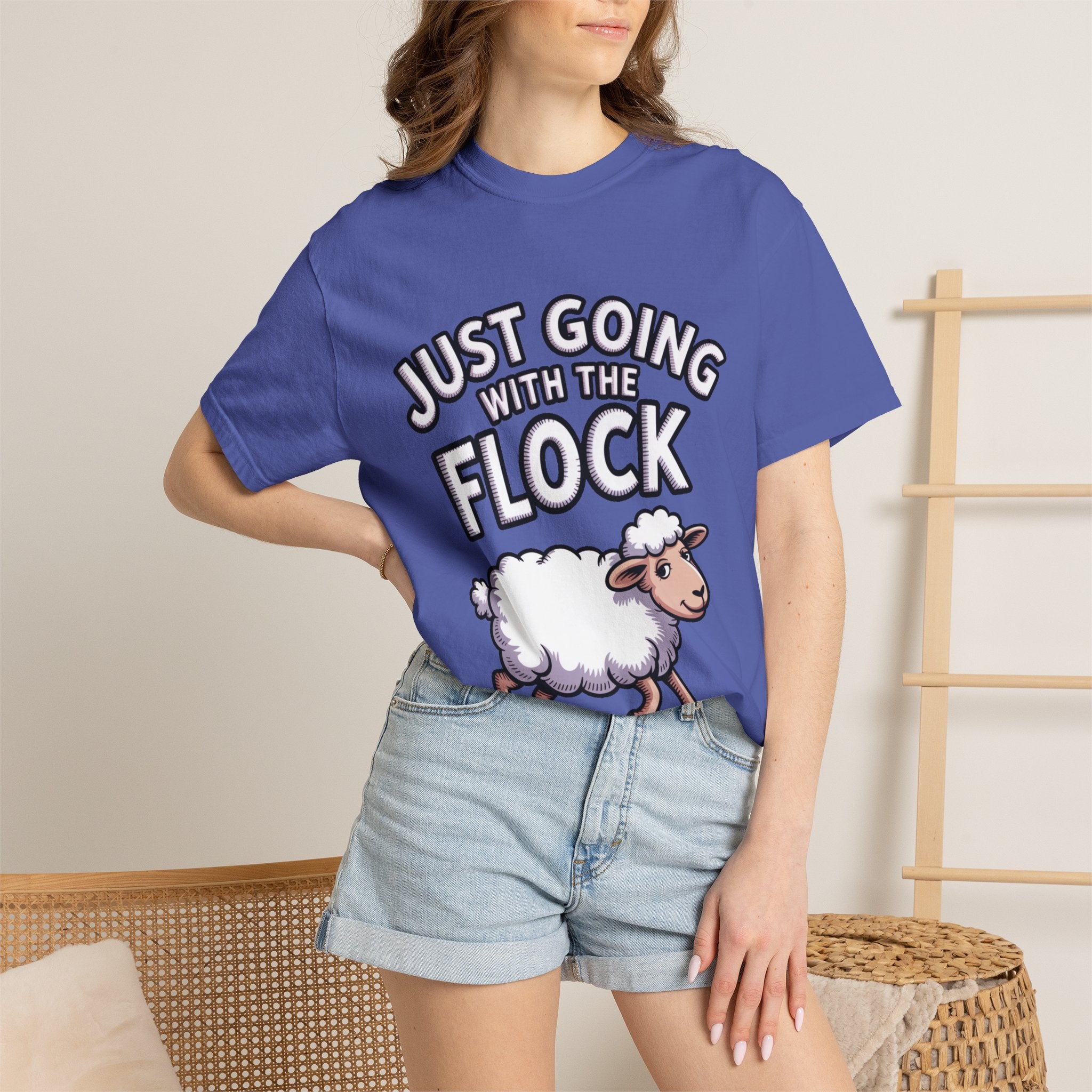 Funny Sheep T-Shirt, 'Just Going With The Flock' Shirt, Cute Cartoon Sheep Tee, Sarcastic Gift for Introverts