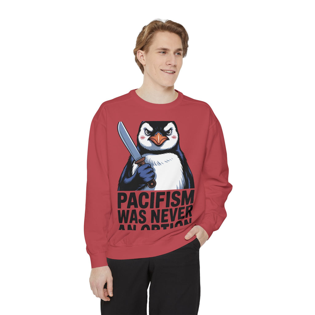 Pacifism Was Never An Option Penguin Sweatshirt, Funny Butter Knife Penguin Crewneck, Vintage Poster Style Graphic Sweatshirt Gift