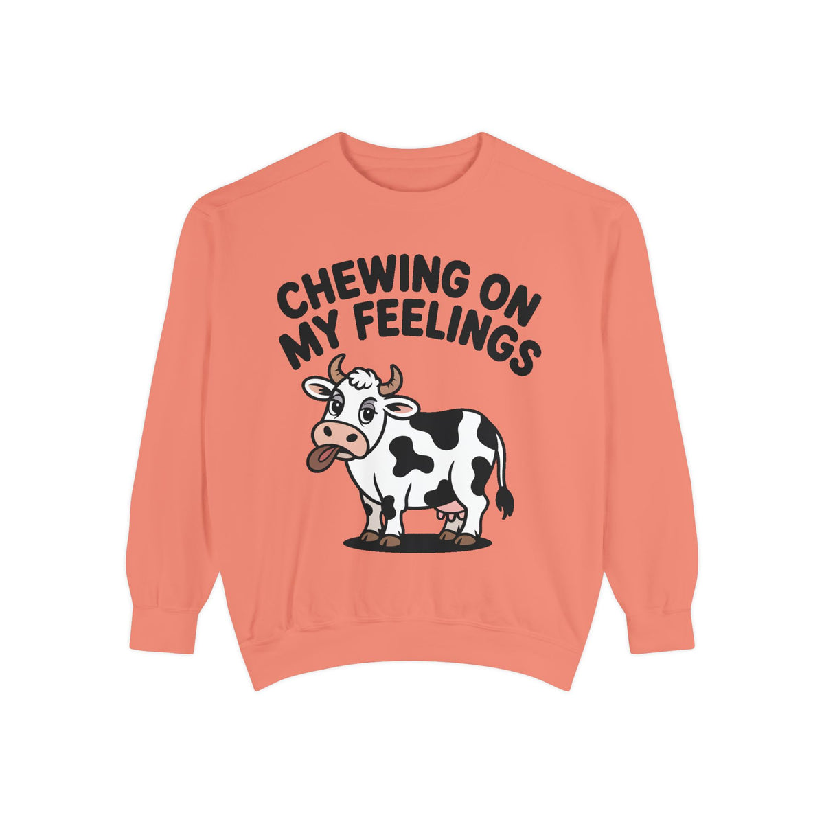 Chewing On My Feelings Sweatshirt, Funny Cow Crewneck, Cute Cow Lover Gift, Embroidered Style Cow Sweatshirt, Funny Farm Animal Shirt