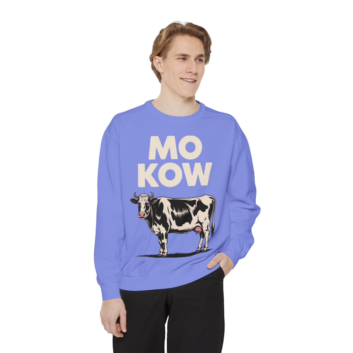 Mo Kow Funny Cow Sweatshirt, Absurd Meme Crewneck, Deadpan Farm Animal Embroidered Sweatshirt, Funny Cow Lover Gift