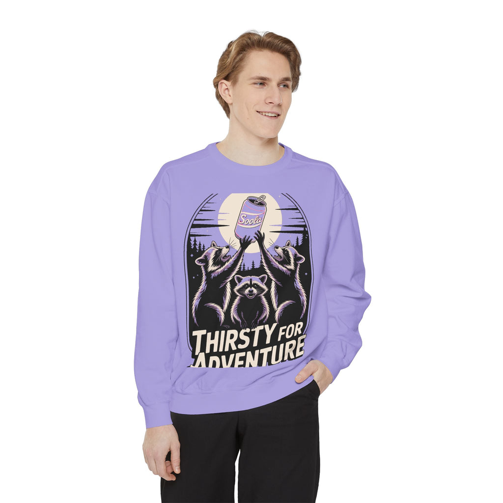 Thirsty For Adventure Raccoons Sweatshirt, Funny Vintage Poster Crewneck, Retro Raccoon Graphic Sweatshirt Gift