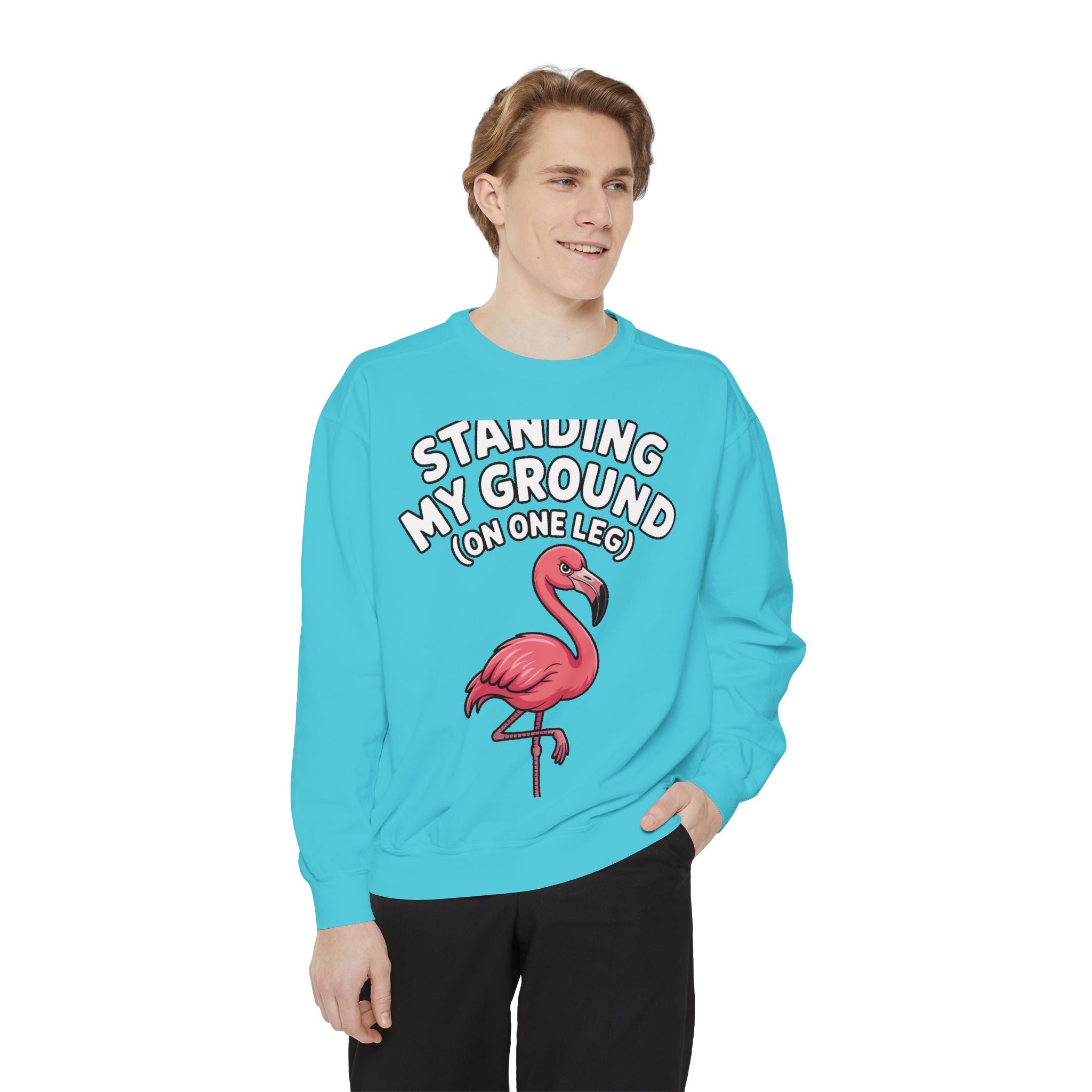 Standing My Ground Flamingo Sweatshirt, Funny One Leg Flamingo Crewneck, Sassy Bird Lover Gift, Embroidered Patch Style Sweatshirt