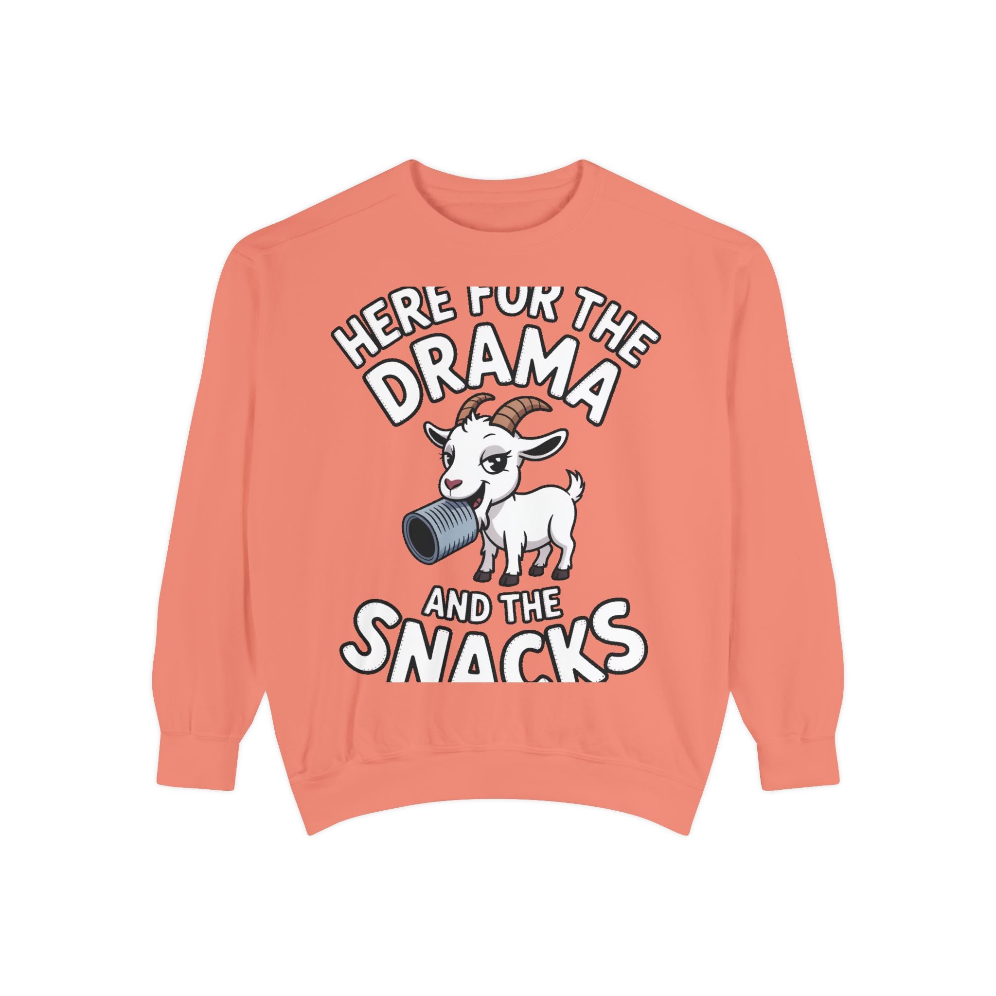 Funny Goat Sweatshirt, Here For The Drama And The Snacks Crewneck, Cute Goat Lover Gift, Embroidered Patch Style Sweatshirt