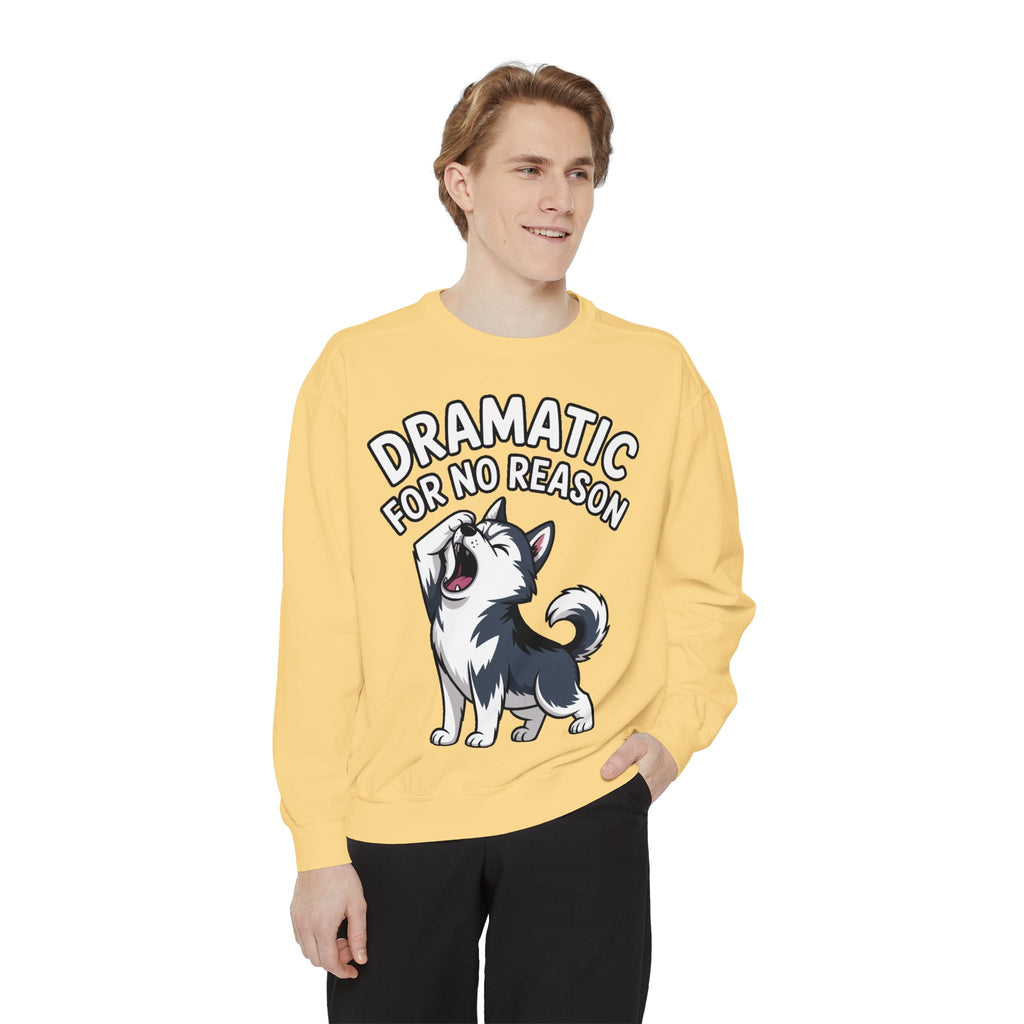 Dramatic Husky Sweatshirt, Funny Dog Lover Crewneck, Cute Cartoon Husky Embroidered Patch Style Sweatshirt, Gift for Husky Mom