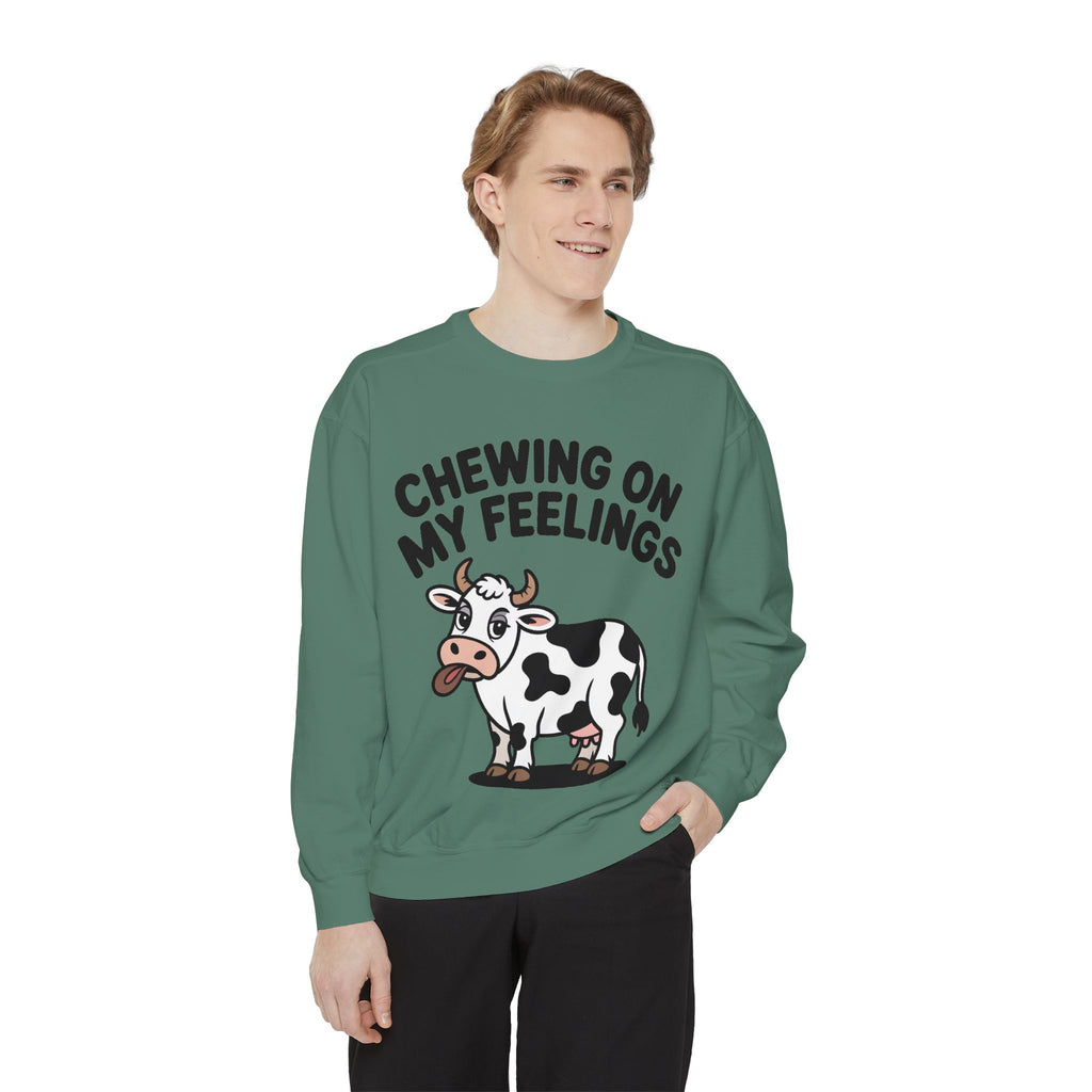 Chewing On My Feelings Sweatshirt, Funny Cow Crewneck, Cute Cow Lover Gift, Embroidered Style Cow Sweatshirt, Funny Farm Animal Shirt