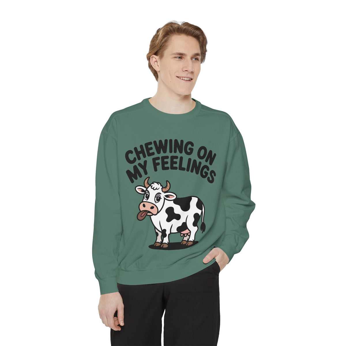 Chewing On My Feelings Sweatshirt, Funny Cow Crewneck, Cute Cow Lover Gift, Embroidered Style Cow Sweatshirt, Funny Farm Animal Shirt