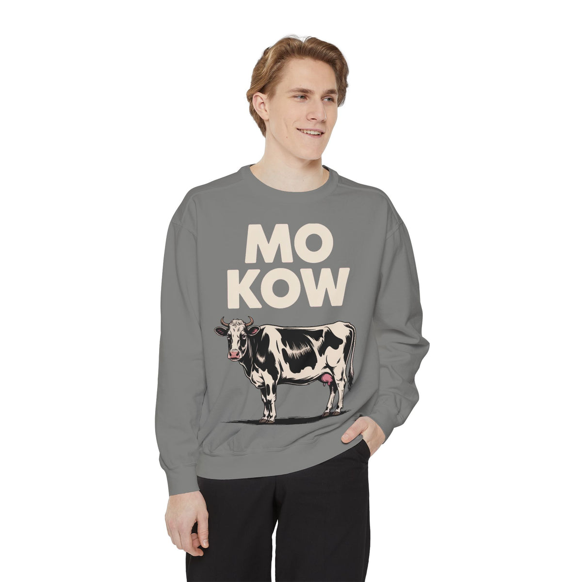 Mo Kow Funny Cow Sweatshirt, Absurd Meme Crewneck, Deadpan Farm Animal Embroidered Sweatshirt, Funny Cow Lover Gift